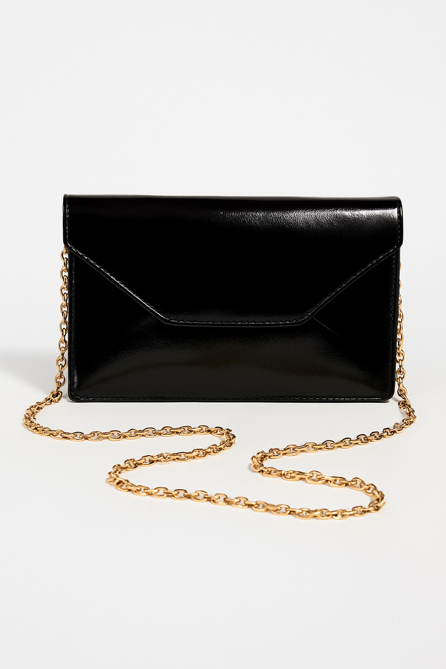 Halogen Black Patent leather high shine liquid envelope clutch gold chain NWOT